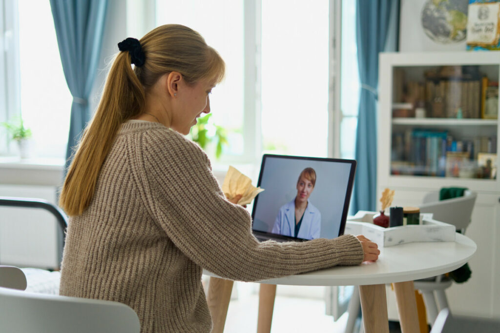 telemedicine, telehealth, Sick woman telecommuting with doctor. Online teleconsultation on quarantine